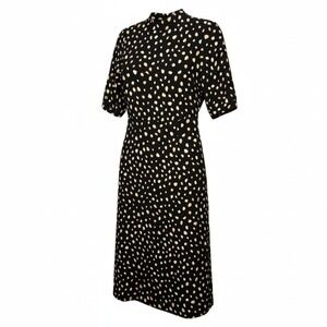ANN TAYLOR Black Dot Print Midi Dress Minimalist Mock Neck Short Sleeve Women's
